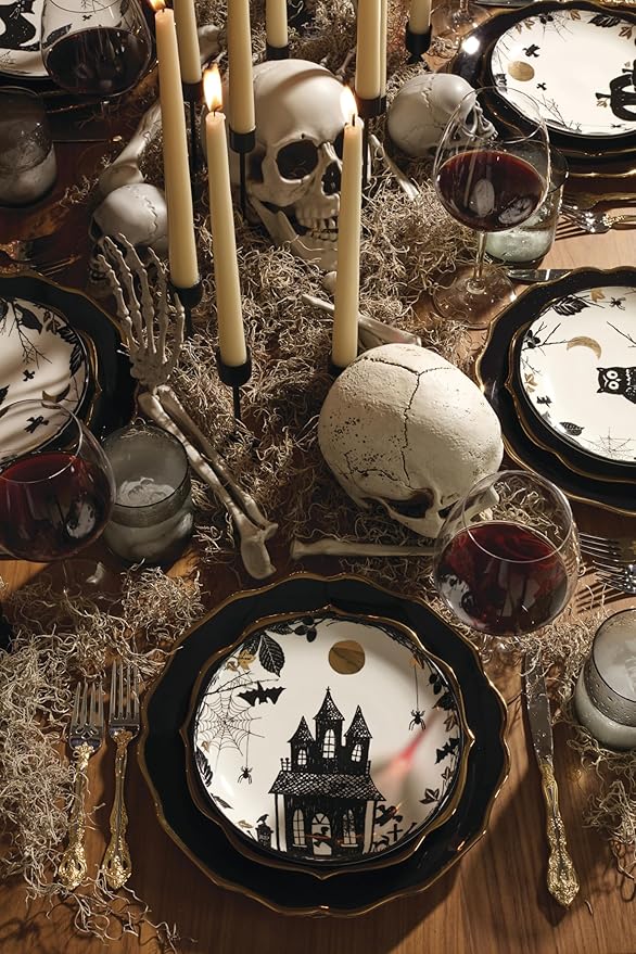 Lenox Dinnerware, Vintage Halloween Haunted Accent Plates, Assorted, Set of 4, Porcelain, Dishwasher & Microwave Safe, Halloween Decor Indoor, Spooky Decorative Plates for Home (Black/White, 4 Piece)