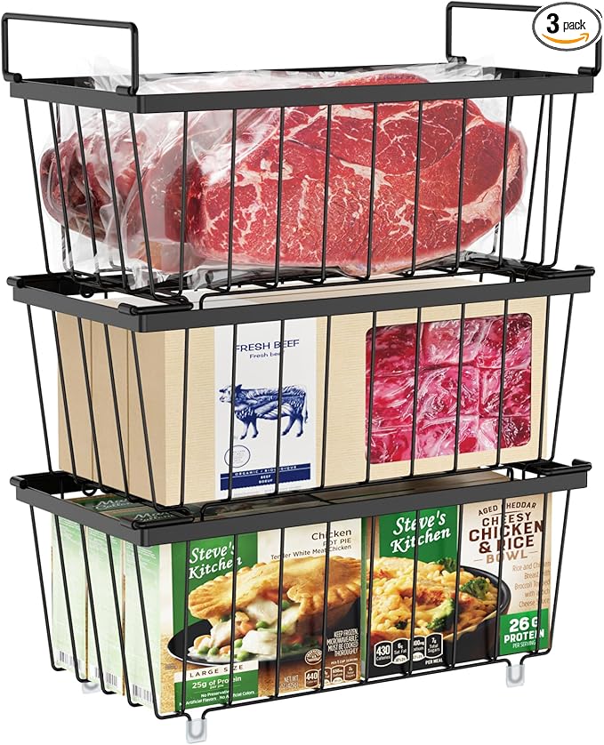 iSPECLE Chest Freezer Basket - 3 Pack Small Stackable Freezer Bins for Most 7 Cu.FT Deep Freezer Sort Frozen Food, Deep Freezer Organizer Bins with Handles Easy to Get Food from Bottom, Black