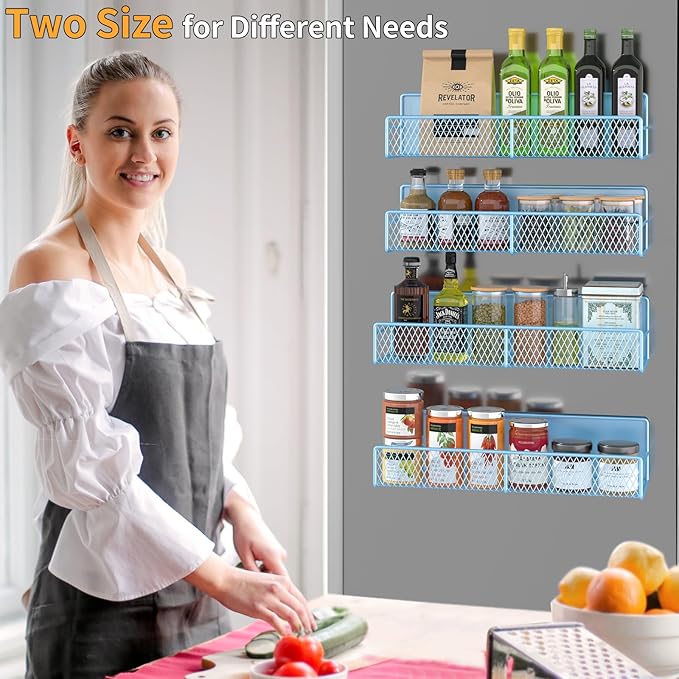 Magnetic Spice Rack for Refrigerator, 4 Pack 100% Metal Strong Magnet Fridge Shelves, Space Saving Spice Organizer, No Drilling Moveable Home Kitchen Laundry Room Storage Organization, Blue