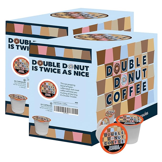 Double Donut Coffee High Caffeine Coffee Pods, Extra Strong Double Caffeine Coffee Cups for Keurig K Cup Brewer Machines Single Serve Dark Roast Coffee, 48 Count