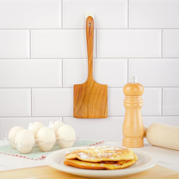 Teak Wide Wooden Spatula with Microfiber Cloth - Natural Non-Stick Healthy Kitchen Utensils - Handcrafted with Comfort Grip