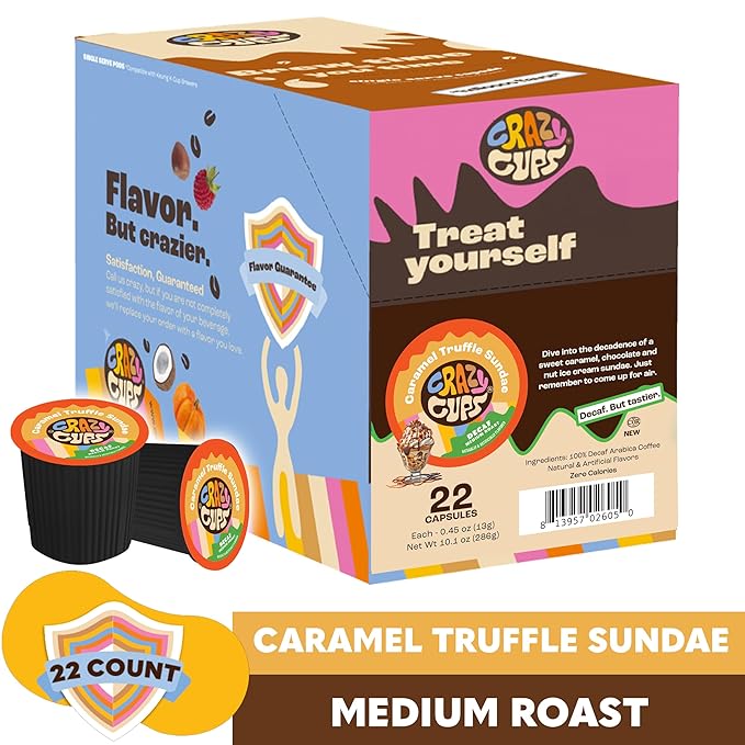 Crazy Cups Decaf Flavored Coffee Pods, Decaffeinated Sundae Truffle Coffee, Single Serve Hot or Iced Medium Roast Coffee for Keurig K Cups Machines, 22 Count