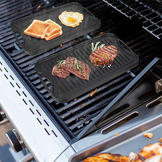 Reversible Cast Iron Griddle Plate for Gas Grill, Stovetop Grill Pan for Electric Stove, Pre-Seasoned Grill Griddle Pan for Gas Stove Top 2 Burner, Extra Large Stove Top Grill Plate 20" x 10.5"