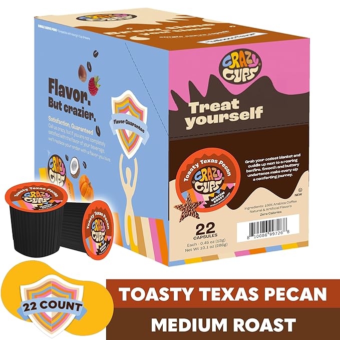 Crazy Cups Flavored Coffee Pods, Toasty Texas Pecan Coffee Pods for K Cup Keurig Machines, Brew Hot or Iced, 22 Count