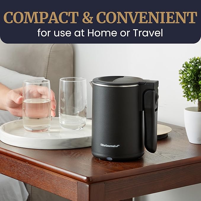 Elite Gourmet Dual Voltage 120-230V, Travel Double Wall Insulated Cool-Touch, 0.6L Electric Kettle Stainless Steel Interior, Hinged-Locking Lid, Auto Shut-Off, Boil Dry Protection, Black