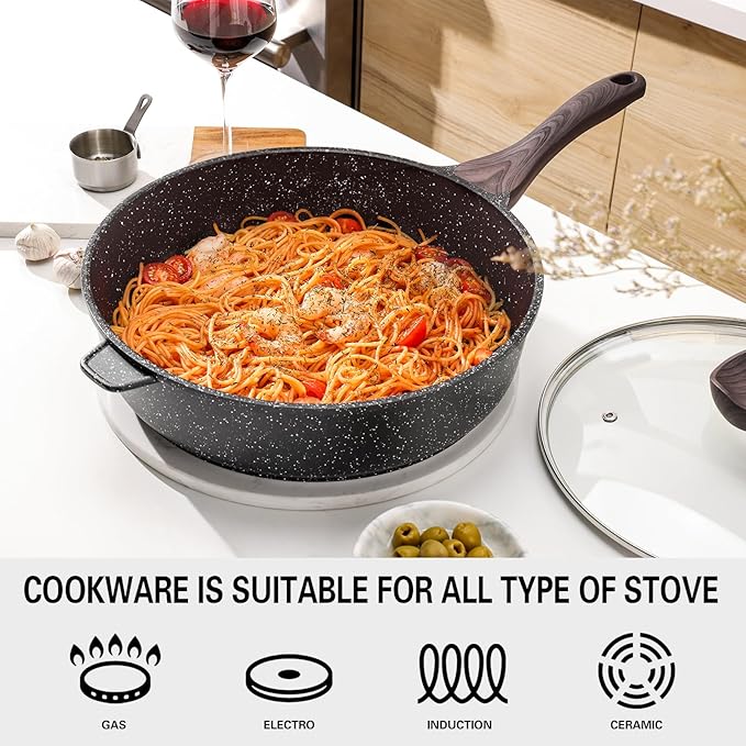 Kordisen Nonstick Deep Frying Pan with Lid, 10 Inch Non Stick Skillet, Saute Pan for Cooking, Healthy Induction Cookware, PFOA Free