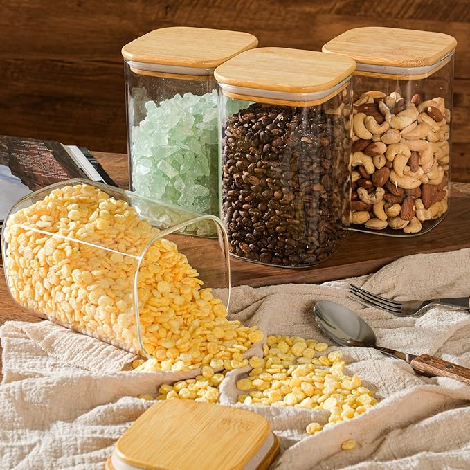 37oz Airtight Glass Square Storage Canisters with Bamboo Lid Set of 6 (1100ml) Stackable Containers, Kitchen Jars for Pantry Noodles, Flour and Coffee beans (‎with Black Lable)