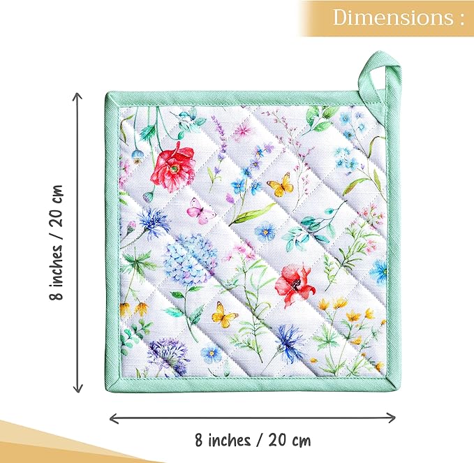 Maison d' Hermine Pot Holders Set 100% Cotton Heat Resistant Potholders 8" x 8" Hot Pads with Loop BBQ, Cooking, Baking, Grilling, Kitchen, Handling Hot Pans Spring/Summer (Pack of 2, Just Floral)