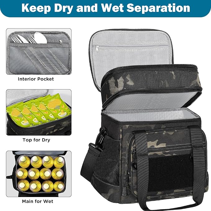 Double Deck Insulated Lunch Box, Expandable Large Lunch Bag Leakproof Cooler Bag Lunch Pail for Men Women Adults Work Shifts Travel Daytrip,16L,Black-Camo