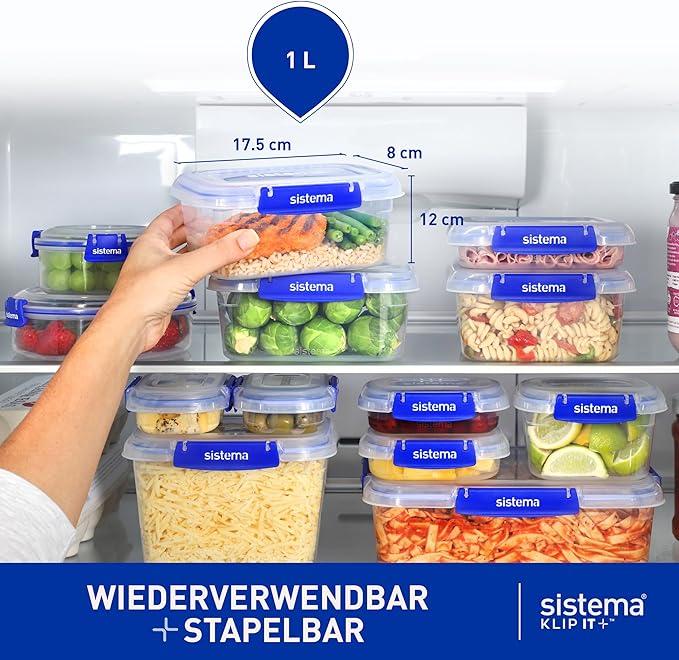 Sistema KLIP IT PLUS Leakproof Food Storage Containers | 1 L | Airtight & Stackable Meal Prep Containers with Lids | BPA-Free | 3 Count