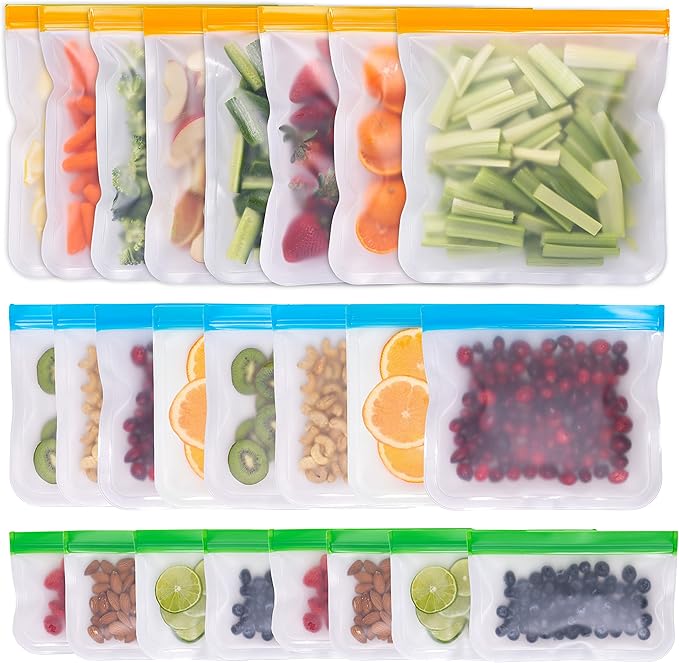 GREENZLA Eco-Friendly Reusable Freezer Bags, 24-Pack Extra Thick and Leakproof Resealable Gallon Bags for Safe Food Storage, Marinating, Snacks, and Meal Prep, Reusable, Non-Toxic, and Freezer Safety