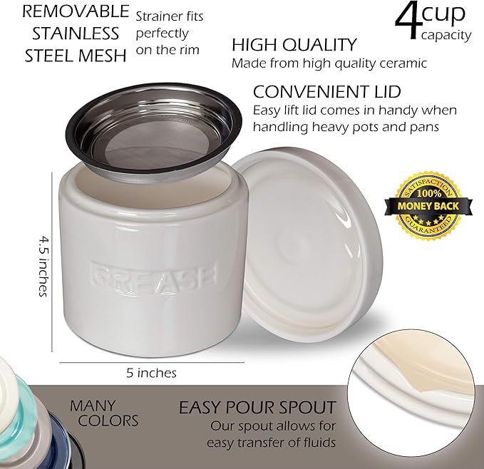 Ceramic Grease Container Keeper with Metal Stainless Steel Strainer and Lip for Easy Pour (Ivory)