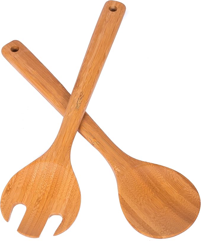 BIRDROCK HOME Bamboo Salad Servers 2-Piece Set - Bamboo Spoon & Fork Set - Salad Utensils for Cooking and Serving - Ideal Salad Spoons for Tossing & Mixing - Durable Serveware for Kitchen & Dining