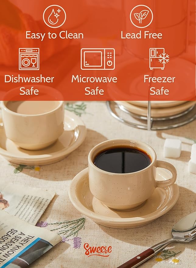 Sweese Porcelain Espresso Cups Set, 2.5 oz, Stackable with Saucers Metal Stand, Beige, 4 Pack