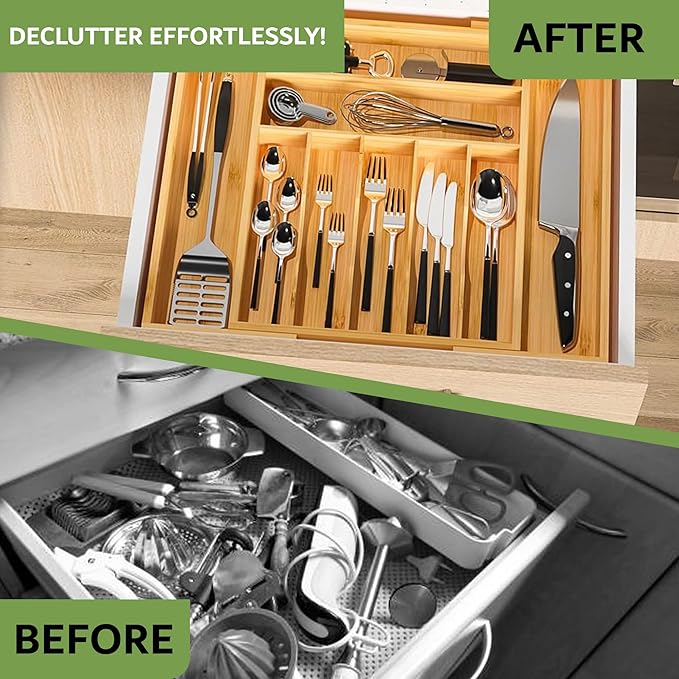 Nature Gear Bamboo Kitchen Drawer Organizer, Expandable Wood Utensil Tray, Adjustable Silverware Organizer with 9 Compartments for Fork, Spoon & Knife Utensils