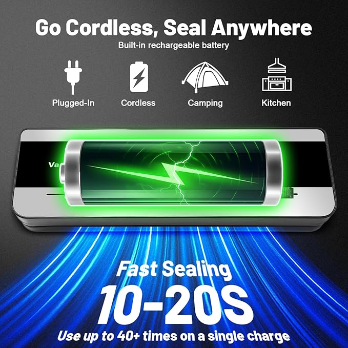 Cordless Vacuum Sealer Machine with UV-C Light, Digital Display & Built-in Cutter, Compact Rechargeable Food vacuum Sealer for Dry & Moist Foods, Includes 10 Pre-cut Bags & 1 Roll Bag (Black)