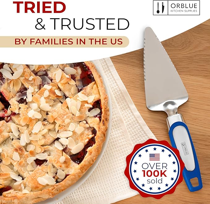 Orblue Pie Server, Essential Kitchen Tool, Serrated on Both Sides, Great for Right or Left Handed Chef, Stainless Steel Flatware, Cake Cutter, Royal Blue