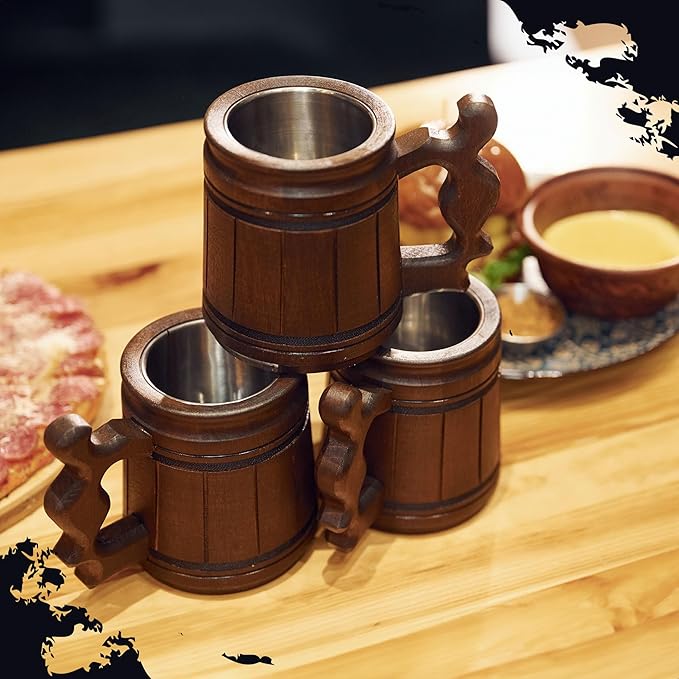 MFC Beer Mug 10 OZ - Coffee Mug - Beer stein - Wooden beer mug - Stainless Steel Cup - Handmade Gifts for Men - Fathers Day, Christmas or Birthday Gift Idea - Men Mug - Classic Brown