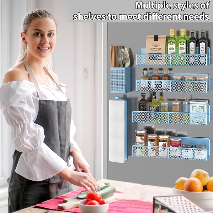 Magnetic Spice Rack for Refrigerator, 6 Pack 100% Metal Strong Magnet Shelf, Space Saving Spice Organizer, Home Kitchen Laundry Room Storage Organization W/ Paper Towel Holder, Utensils Racks ( Blue)