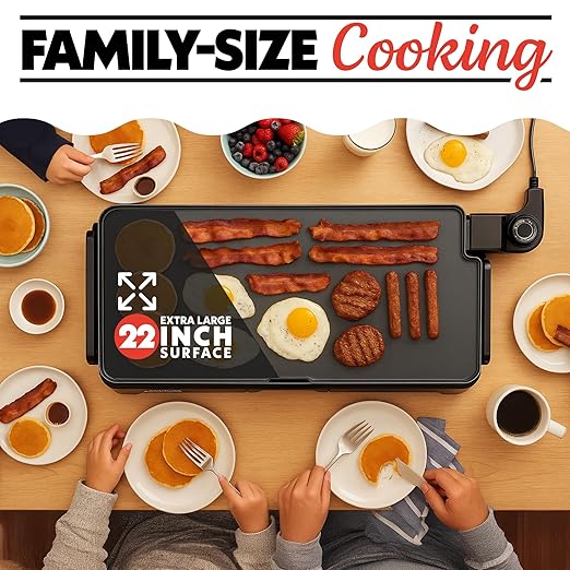 Gourmia 22-Inch XL Electric Griddle Pan - Nonstick Extra Large Ceramic Surface for Breakfast, Pancakes - Non-Toxic Flat Top Cooker - Countertop Kitchen Appliances for Tabletop Indoor Cooking