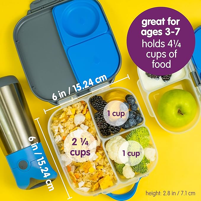 b.box Mini Lunch Box, Bento Box for Kids, Snack Container with 2 Leak Proof Compartments, Reusable Snack Containers with Lids, Kids Lunch Boxes Ages 3+, BPA Free, 4 1/4 Cup Capacity (Indigo Rose)