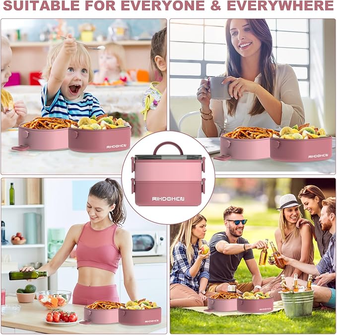 Lunch Box, Stackable 2 Layers Containers, Portable 64OZ Large Capacity Leakproof Bento Box with Spoon & Fork & Sauce Boxes, Microwave Safe Lunch Box for Kids and Adults