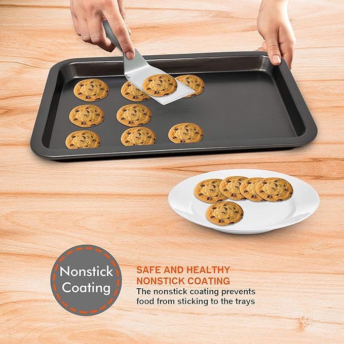 Perlli Baking Pan 8 Piece Set Nonstick Carbon Steel Gray Oven Safe Bakeware Kitchen Set, Cookie Sheet, 2 Round Cake Pans, Square Pan, Loaf Pan, Deep Dish Pan, Pizza Crisper, & 12 Cup Muffin Pan