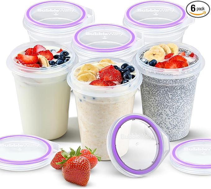 JoyPlus Overnight Oats Containers with Lids Plastic (Purple) - Meal Prep Containers Reusable for Food Storage – 16oz Jars for Breakfast, Snacks, and Lunch