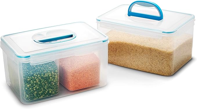 Komax Biokips Extra Large Rice Container – Airtight Food Storage Containers for Rice, Baking Supplies, or Dry Food – 48.6 Cups Rice Dispenser w/Handle + 2 Nestable 15.2 Cups Food Containers (3-Pack)