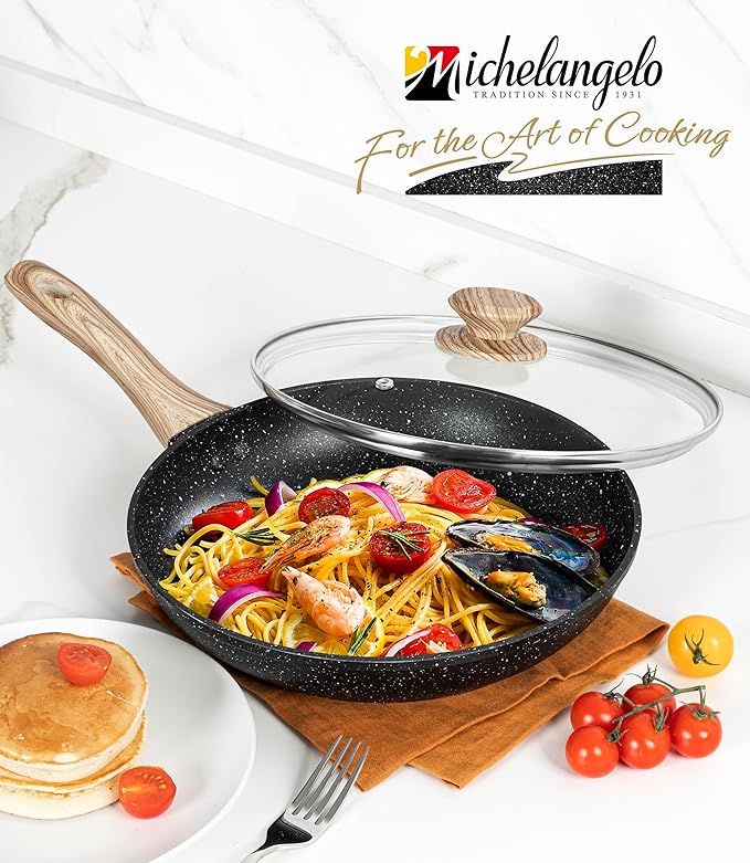 MICHELANGELO 10 Inch Frying Pan with Lid, Nonstick Frying Pan with Healthy Granite Coating, Nonstick Pan with Anti-Scald Handle, Induction Compatible