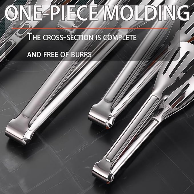 Stainless Steel Kitchen Tong Set - Anti-Slip Heat-Resistant Grip, Widened 3-Line Slotted Heads for Easy Clamping (Steaks, BBQ, Pasta, Salads), Easy Clean for Versatile Use Set of 3-11", Silver