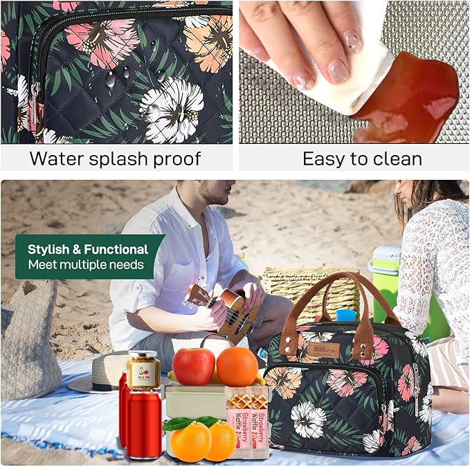 HOMESPON Lunch Bag for Woman Man Adults with Front Pocket Insulated Lunch Tote Lunch Box Container for Work Picnic or Travel(Green Leaves)