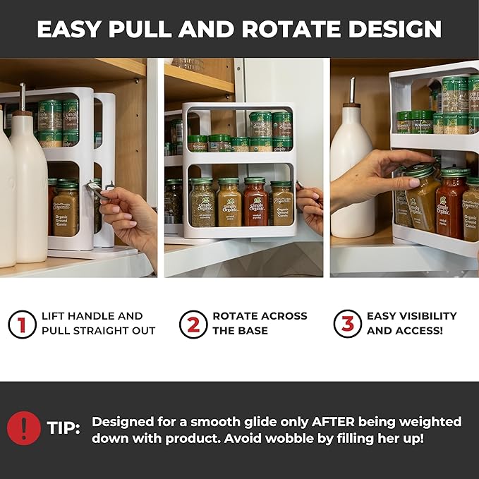 Cabinet Caddy Spice Rack Organizer for Cabinet - Slide & Rotate Kitchen Organizers and Storage - 2 Double-Decker Shelves - Non-Skid Base - Magnetic Modular Design - 10.8" H x 5.25" W x 10.8" D