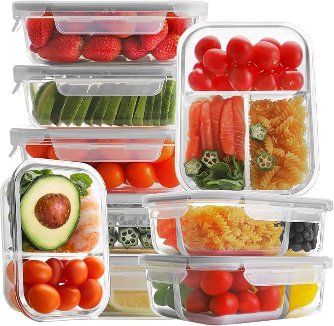 Bayco 9 Pack Glass Meal Prep Containers - 3, 2 & 1 Compartment Glass Food Storage Containers with Lids, Airtight & Leak Proof BPA-Free Lunch Bento Boxes - Grey