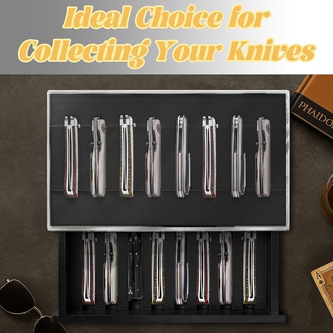 Knife Display Case,2 Tier Wooden Pocket Knife Collection Case with Acrylic Lid, Pocket Knife Storage Drawer Organizer, Black