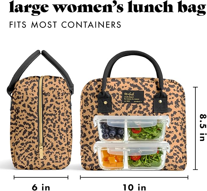 Fit & Fresh Bloomington Lunch Bag for Women - Insulated Large Lunch Box for Work with Containers, Leak-Resistant, Stain-Resistant, Zipper Closure, Cheetah