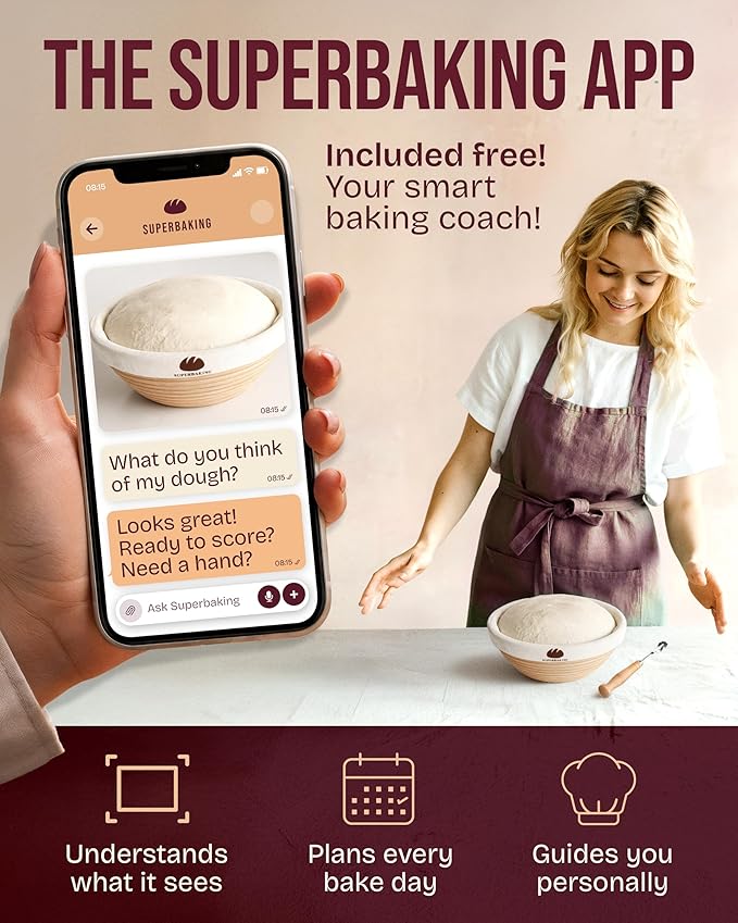 Superbaking Banneton Bread Proofing Basket, Sourdough Bread Baking Supplies, Round 9 Inch Sourdough Starter Kit, Proofing Basket for Baking, Bread Making Supplies Tools, Banneton Basket Gift Set