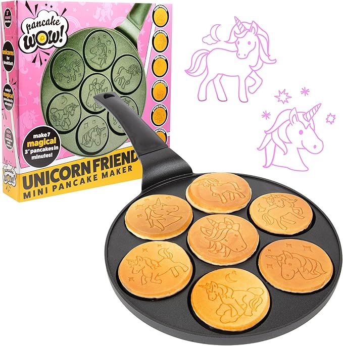 Unicorn Mini Pancake Pan - Make 7 Unique Flapjack Unicorns, Nonstick Pan Cake Maker Griddle for Holiday Breakfast Fun & Easy Cleanup, Magical Xmas Treat or Gift for Kids Party- Easy to Use Long Handle