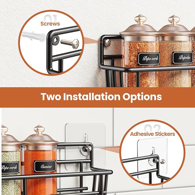 Spice Rack Organizer Wall Mount, Hanging Spice Pantry Storage Shelf Organization, 4 Pack Space Saving Seasoning Organizer for Kitchen Cabinet, Door or Bathroom, Black