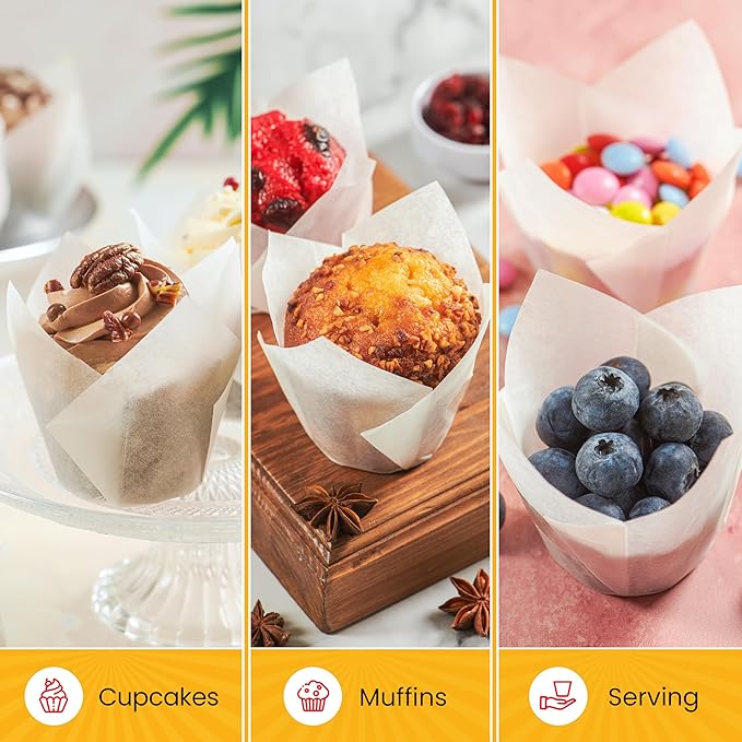Tulip Cupcake Liners, Muffin Liners for Baking by Baker’s Signature – 200pcs of Parchment Paper Cups Cupcake Wrappers – Perfect Size, Sturdy, Greaseproof & Easy to Use – Wedding Decor – All White