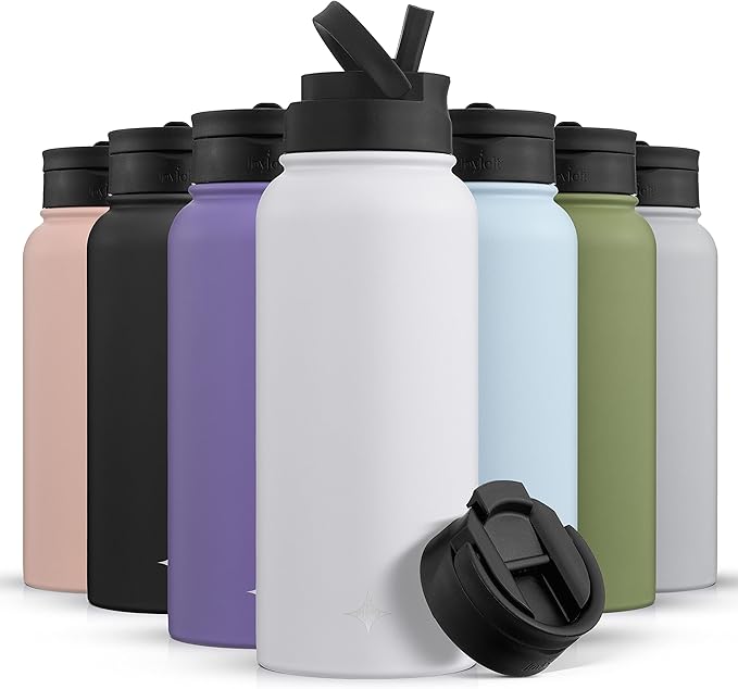 JoyJolt Triple Insulated Water Bottle with Straw Lid AND Flip Lid! 32oz Large Water Bottle, 12 Hour Hot/Cold Vacuum Insulated Stainless Steel Bottle. BPA-Free Leakproof Water Bottles - Thermos Bottle