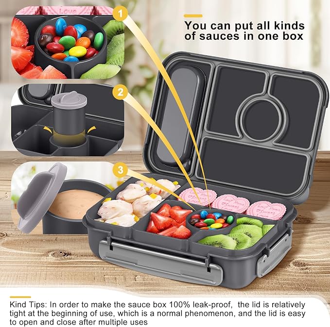 Bento Box Adult Lunch Box Kids,Lunch Containers for Adults/Kids/Toddler,5 Compartments Bento Lunch Box with Sauce Vontainers,Microwave & Dishwasher & Freezer Safe,BPA-Free (Dark Gray)