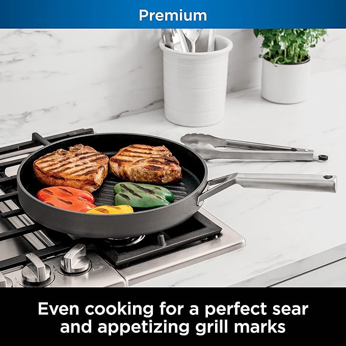 Ninja C30530 Foodi NeverStick Premium 12-Inch Round Grill Pan, Hard-Anodized, Nonstick, Durable & Oven Safe to 500°F, Slate Grey