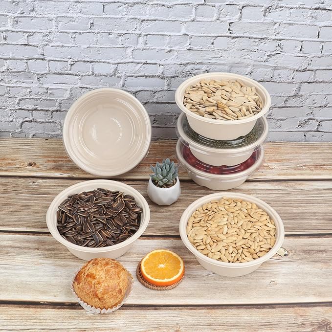 30 oz Disposable salad bowls with lids, Sugarcane Fiber Paper Bowls take away food containers Plant Fibers Freezer Safe 50 Pack