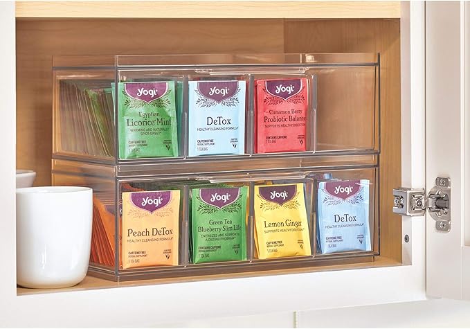iDesign Tea Bag Organizer for Counter, 4-Section Clear Stackable Tea Storage Drawer for Cabinet
