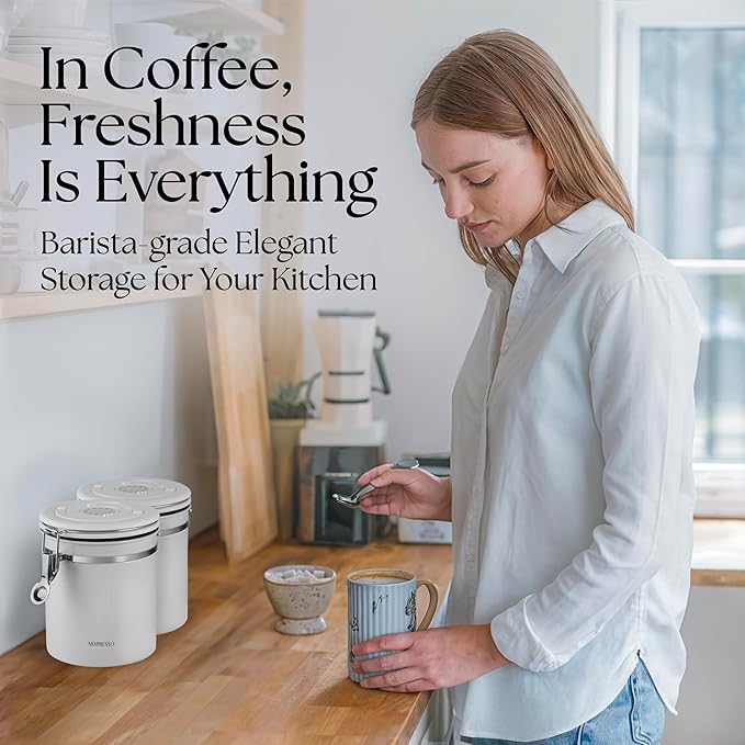 Mixpresso 16 Oz White Coffee Canister, Stainless Steel Airtight Coffee Container, Air tight Jar Tea Storage with Date Tracker, Vacuum Sealed Espresso Airtight Canister, Sugar Container for Home