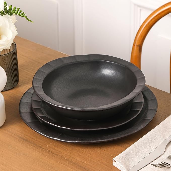 Stone Lain Oasis 24-Piece Dinnerware Set Stoneware, Dishwasher and Microwave Safe Plates and Bowls Set, Dish Set for 8, Black