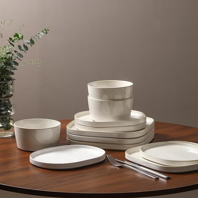 Stone Lain Cairo 12-Piece Dinnerware Set Stoneware, Plates and Bowls Set, Microwave and Dishwasher Safe, Includes Dinner and Salad Plates, Cereal Bowls, Dish for 4, White Speckled