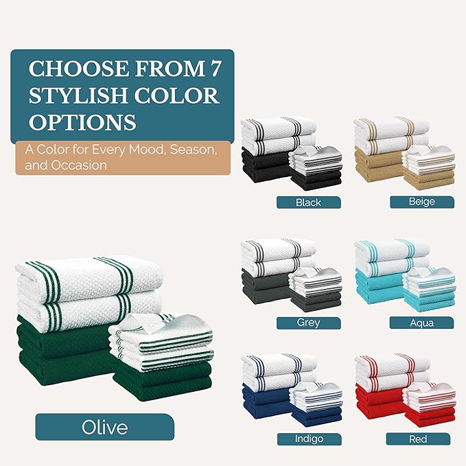 Casa Platino Kitchen Towel and Hand Towels for Kitchen – Cotton Dishcloths 8 Piece Set – Earthy Tones Meet Practical Design for Cooking, Drying, and Prep Flow – Olive