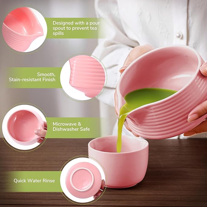 HELPLX Matcha Whisk Set 10-Piece Japanese Matcha Kit with BowlWhisk & Holder2 Tea CupsBamboo ScoopSpoonSifterScoop Rest & Tea Towel – Pink Matcha Tea Set for Ceremony or Daily Use